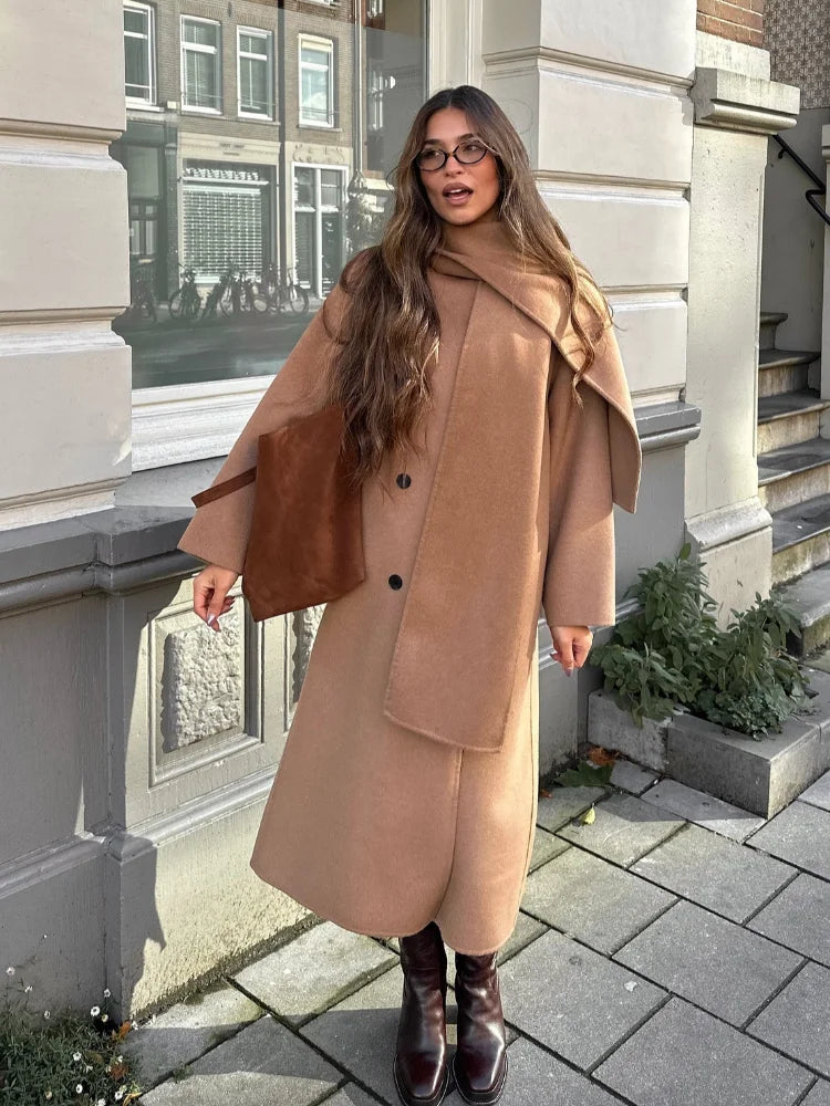 Women Elegant Brown Long Woolen Coats With Scarf Fashion Double Breasted Oversized Thicken Overcoats Lady Daily Streetwear