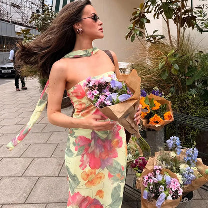 Women Sexy Floral Print Strapless Bodycon Maxi Dress with Ribbon Scarf Sleeveless Backless Slim Party Long Robe Holiday Outfits