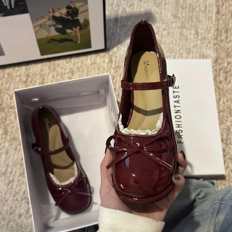 Spring Butterfly-knot Women Mary Jane Shoes Ladies Shallow Buckle Strap Shoes Eelgant Thick Heel Dress Leather Shoes