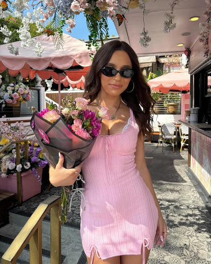New Pink White Lace Patchwork Short Dress For Women's Clothing Ruffle Square Collar Vacation Beach Summer Knit Slip Dress