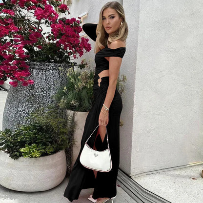 Women's 2024 Spring/Summer New Temperament Slant Shoulder Long Dress Sexy Side Split Dress