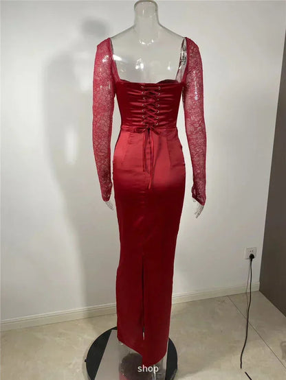 Square Neck Lace-Up Backless Long Sleeve Maxi Dress