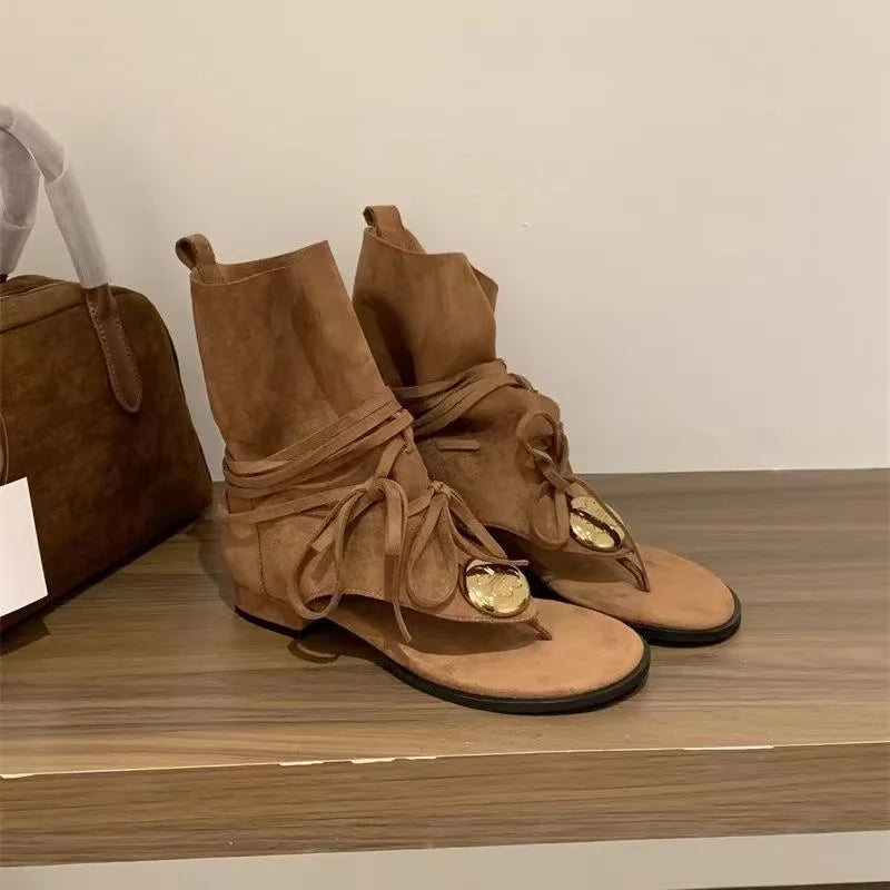 Retro Summer Women Sandals Open Toe Tassel Design Suede Flat Roman Sandals Soft Lightweight Ladies Western Boots