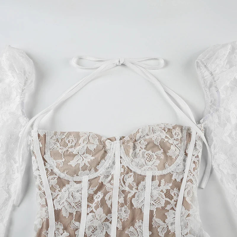 Elegant Fairy White Corset A-line Dress See Through Lace Square Collar Sexy Long Sleeve Short Dresses Aesthetic Sweet