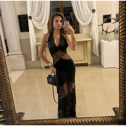 Halter Choker Neck Lace Chevron Panel Sheer Maxi Gown