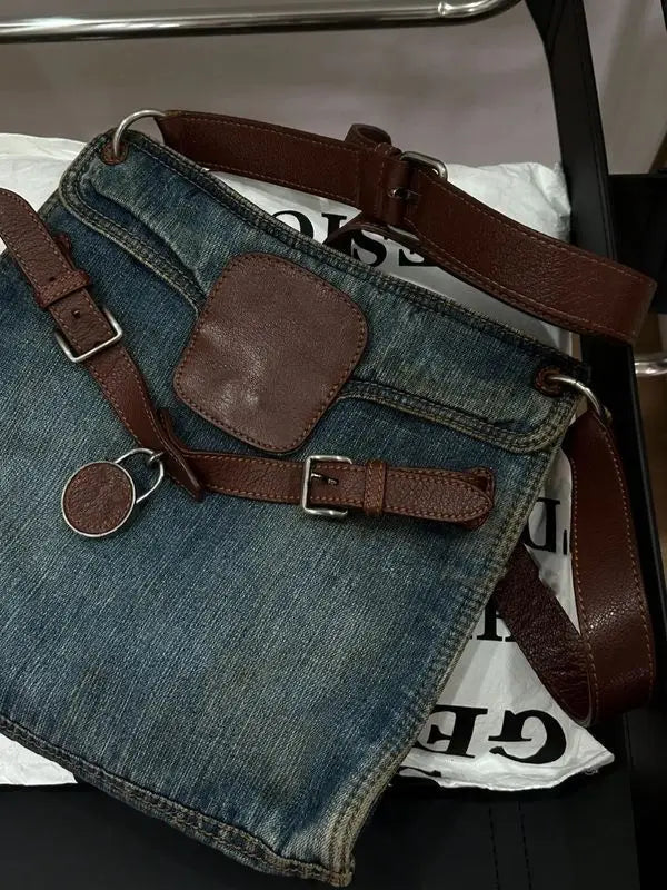 Fashionable and Versatile Contrasting Denim Vintage Design Single Shoulder Crossbody Bag for Women Jeans Bags