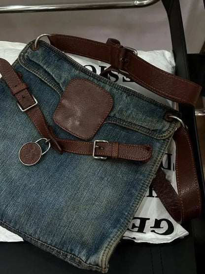 Fashionable and Versatile Contrasting Denim Vintage Design Single Shoulder Crossbody Bag for Women Jeans Bags