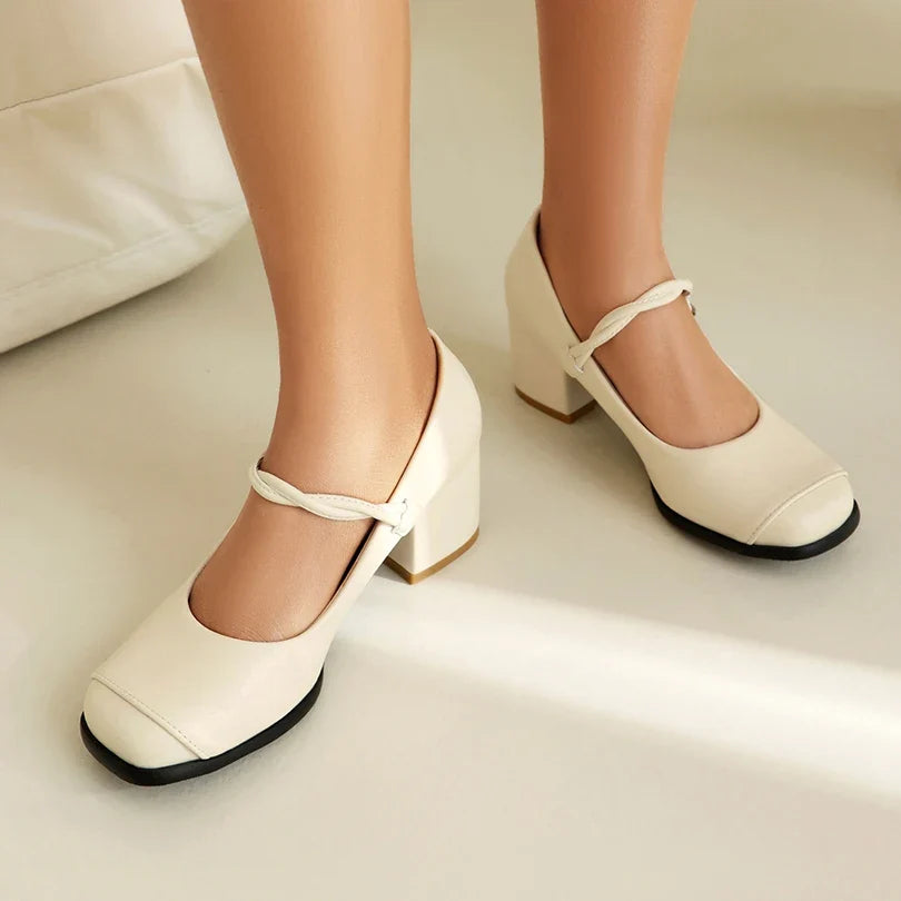 Plus Size Round Toe Thick Heel Metal Butterfly Decoration Office Lady's Shoes With Crossed Thin Straps And Shallow Mouth Pumps