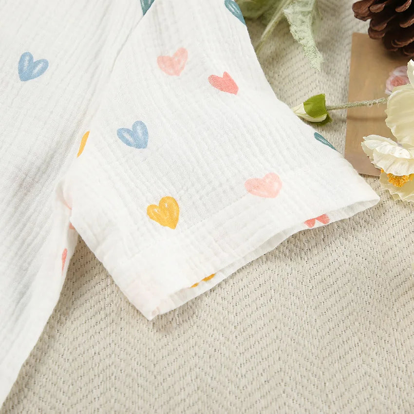Heart Print Lapel Short Sleeve Top + Shorts Pajamas Loose 100% Cotton Comfortable Women Sets Casual Homewear Sleepwear Outfits