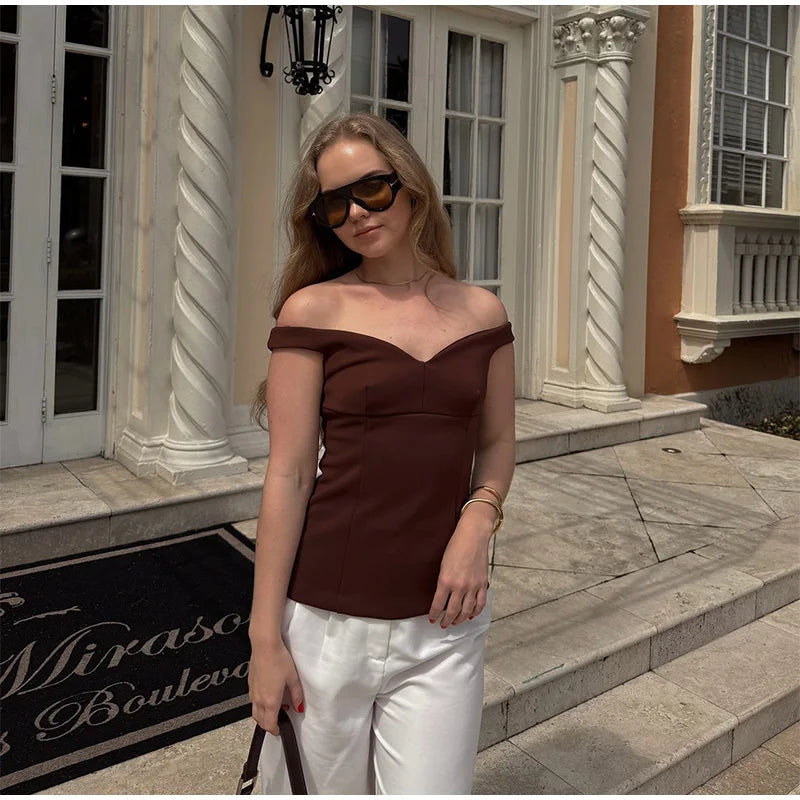 Women's Suit Solid Off Shoulder Backless Waist Cinching Sleeveless Top Straight Trousers Female 2 Pieces Summer Matching Sets