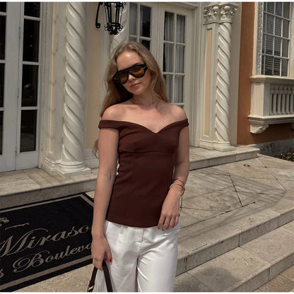 Women's Suit Solid Off Shoulder Backless Waist Cinching Sleeveless Top Straight Trousers Female 2 Pieces Summer Matching Sets