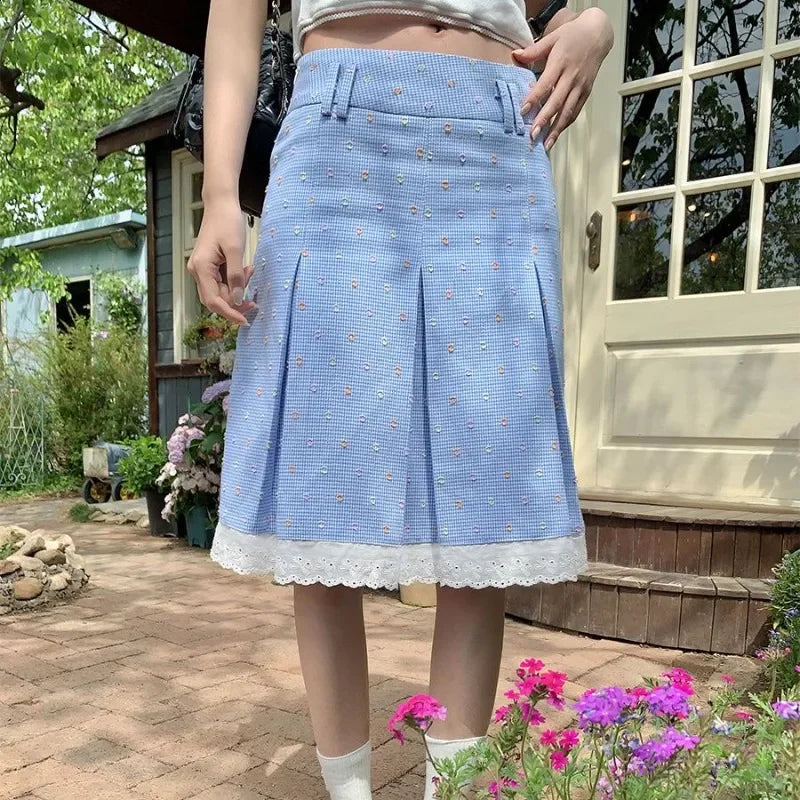 Elegant Skirts Women Floral Printed Plaid Lace Patchwork Spring Summer Sweet Vintage Fashion Female Skirt Casual