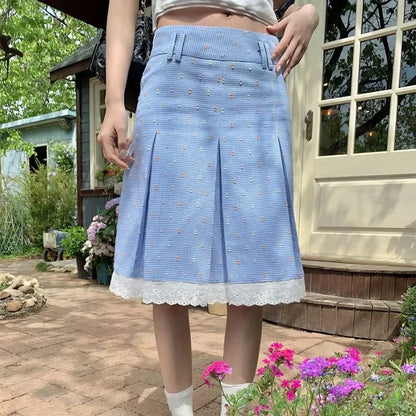 Elegant Skirts Women Floral Printed Plaid Lace Patchwork Spring Summer Sweet Vintage Fashion Female Skirt Casual