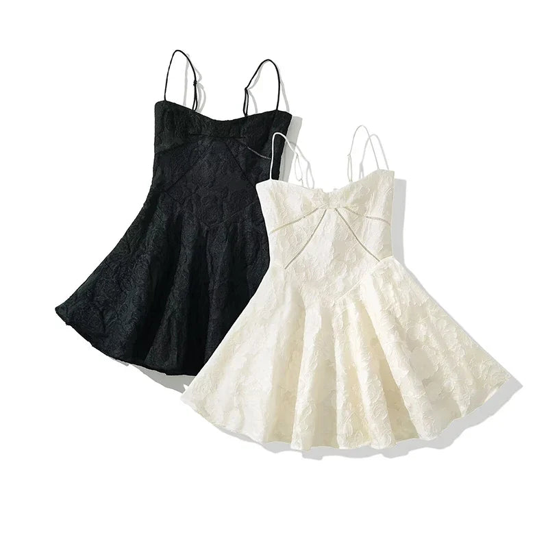Vintage Jacquard Sling Sexy Dress For Women Thin Straps O Neck Low Waist A-line Mini Dresses Female Lace Up Back Summer Robe