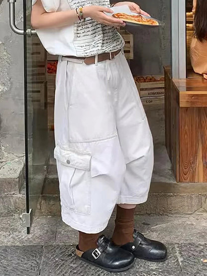 Big Pockets White Denim Cargo Pants Women Solid Vintage Pintuck Adjustable Low Waist Wide Leg Baggy Jorts Summer Clothes