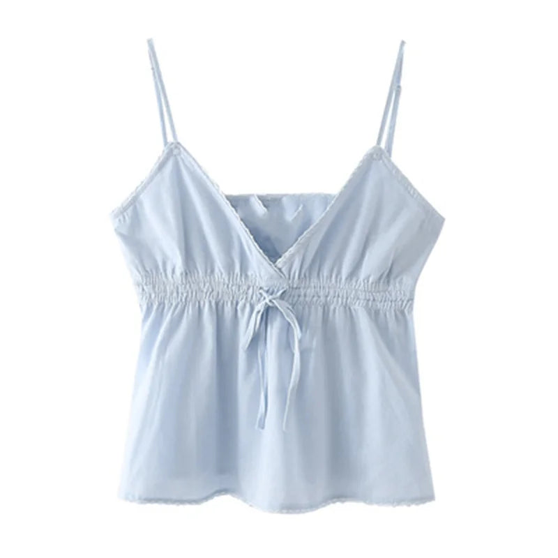 Casual Women Blue V Neck Lace Drawstring Slim Camisole Summer Fashion Ladies Spice Female Knitted Sleeveless Top