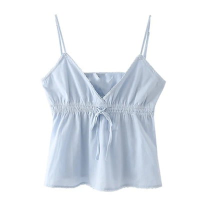 Casual Women Blue V Neck Lace Drawstring Slim Camisole Summer Fashion Ladies Spice Female Knitted Sleeveless Top