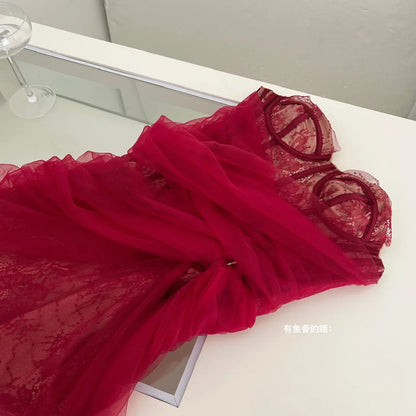 Women Vintage Red Sexy Strapless Sleeveless Lace Mesh Maxi Dress Elegant Christmas Evening Slim Long Dress Vestidos