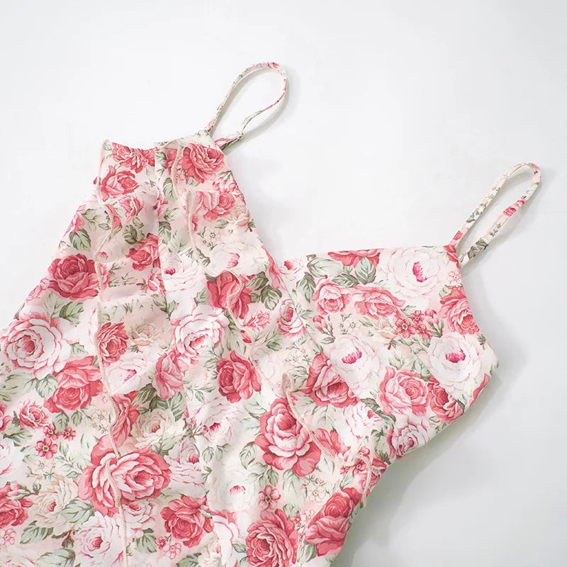 Flower Printed Strap Dress 2025 Spring New Fashion Elegant Sleeveless V Neck High Slit Ruffles Vestidos Beach Vacation Robe
