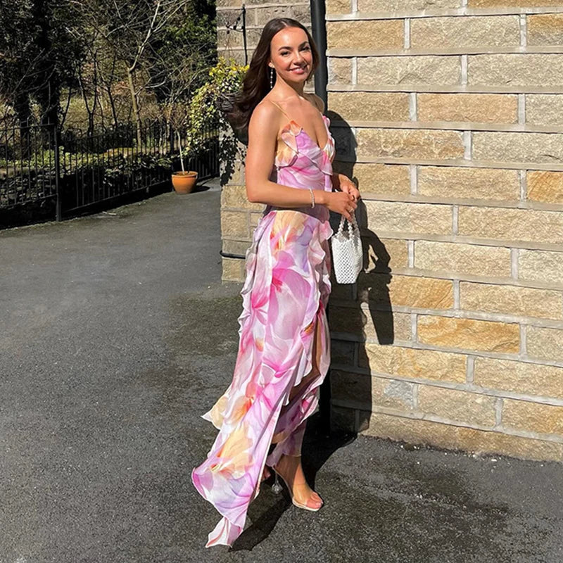 Floral Print Ruffle Backless Split Long Dress Summer Resort Wear Sexy Elegant Dresses For Women Wedding Party Outfits