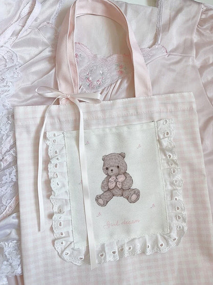 Pink Bear Shoulder Bag for Women, Large Capacity, Casual Totes, Ladies Cute Canvas Bags, Bucket Handbag, New, 2024