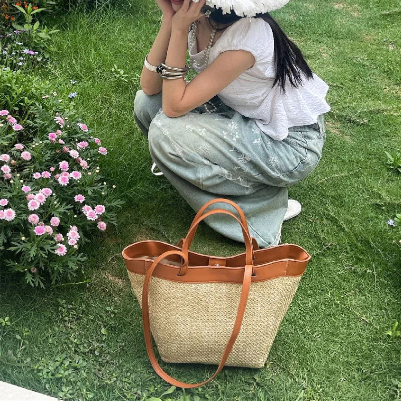 Summer Large Capacity Tote Bag Women Shoulder Bag Handmade Woven Bag Fresh Rural Handheld Grass Woven Women Bag