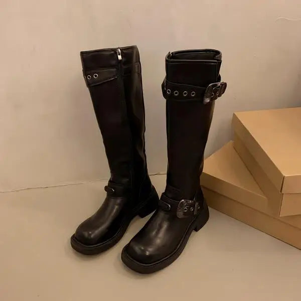Round Toe Rock Shoes Woman Winter Boots Lady Zipper Sexy Thigh High Heels High Sexy Boots-Women Leather Rubber Autumn Med O