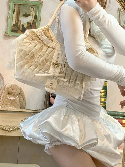 Elegant Lady Japanese Original Lolita Lace Ribbon Bow Handbag Vacation Style Sweet Cute Doll Daily Commuter Versatile Tote Bag
