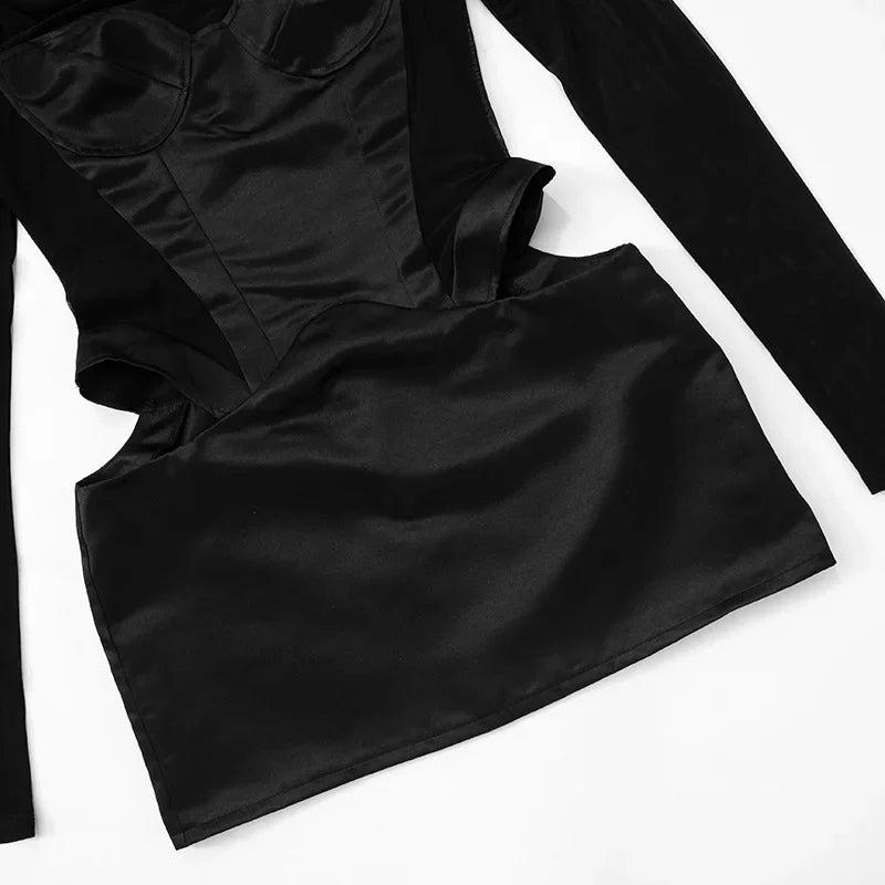 Sexy Cut Out Black Sheer Mesh Turtleneck Women Club Dresses 2025 Summer Fashion Patchwork Long Sleeve Y2K Dress Bodycon Mini