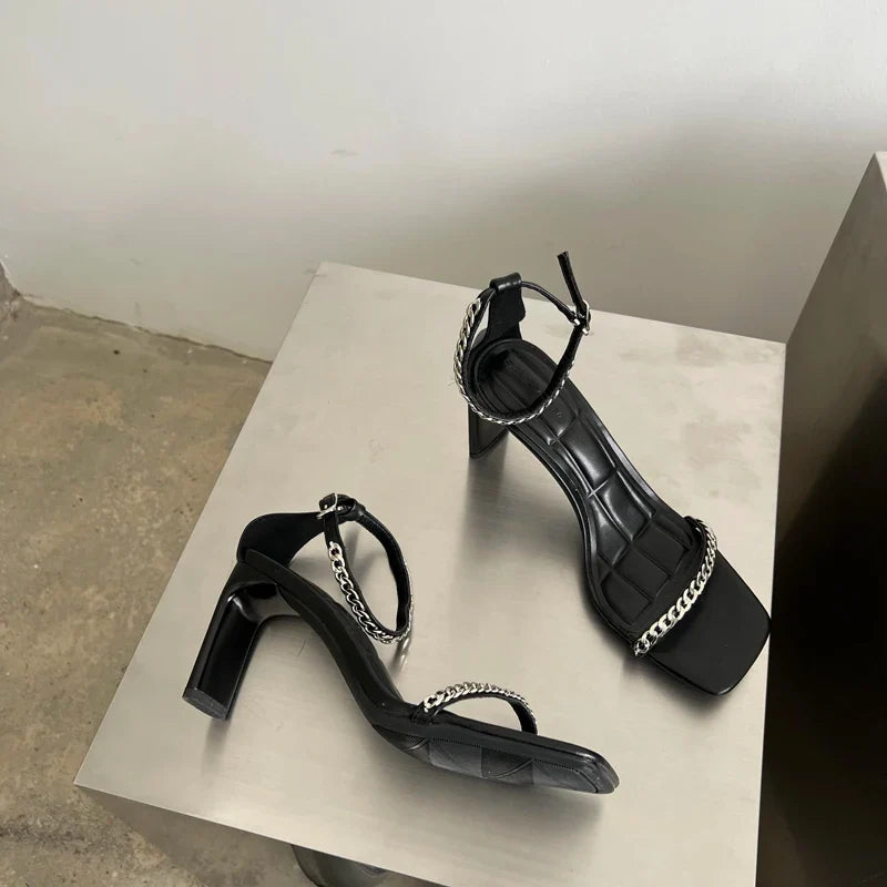 ZA Summer Sexy Sandals Square Toe Suede Concise Narrow Band Women Dress Shoes Belt Buckle Solid Color High Heel Calzado