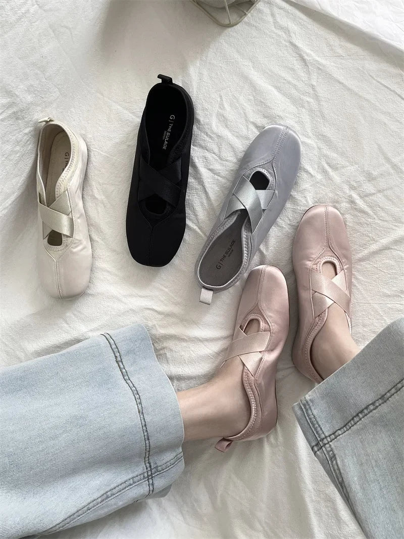New Women's Ballet Slippers Pink Soft Sole Shallow Heel Round Head Fiberglass Fabric Retro Style Low Heel