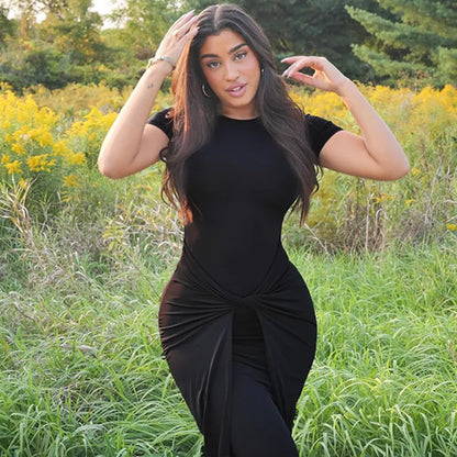 Twist Front Knot Crew Neck Short Sleeve Ruched Bodycon Maxi Dress