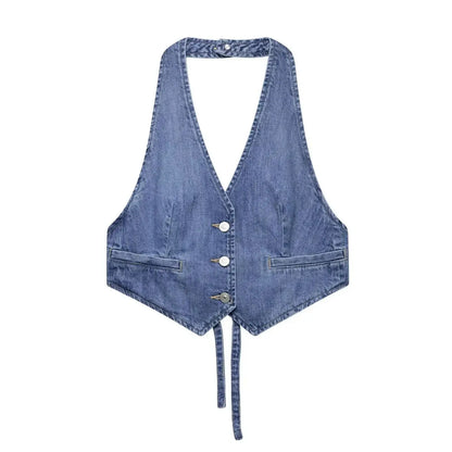 Summer Sexy Chic Women Tank Tops Solid Halter V-Neck Denim Tank Tops New Fashion Backless Mujer Tops
