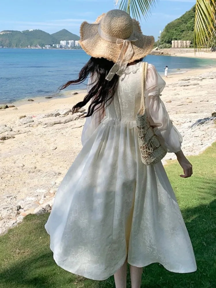 Women Puff Sleeves Floral Lace Up Midi Dress Summer Elegant Medieval Retro Evening Party Prom Chic One-piece Clothing