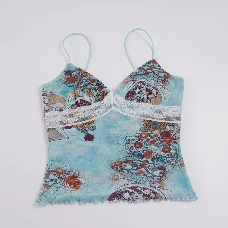 New Summer Women's Cami Sexy Floral Printed V Neck Lace Splicing Tank Slim Fit Casual Beach Holiday Sleeveless Top