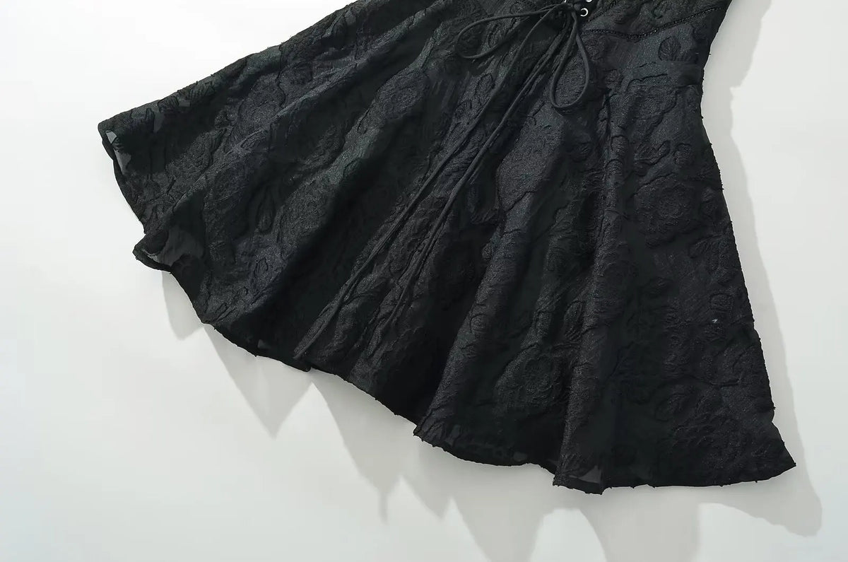 Vintage Jacquard Sling Sexy Dress For Women Thin Straps O Neck Low Waist A-line Mini Dresses Female Lace Up Back Summer Robe