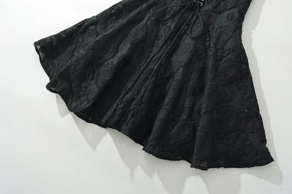 Vintage Jacquard Sling Sexy Dress For Women Thin Straps O Neck Low Waist A-line Mini Dresses Female Lace Up Back Summer Robe