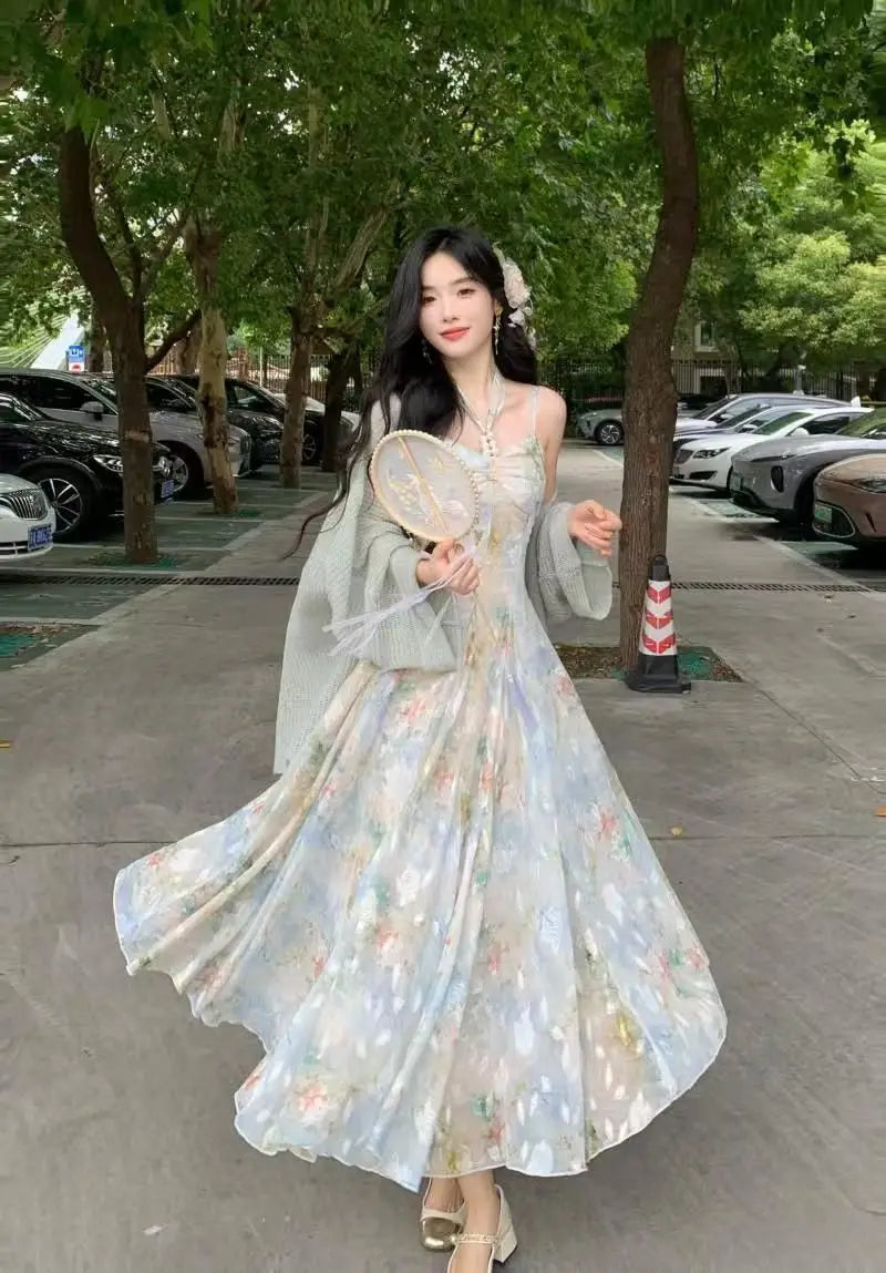 New Design Large Size Women's Dress Set Neck Hanging Strap Dress Meat Hiding Cardigan Unique And Beautiful Casual Wear