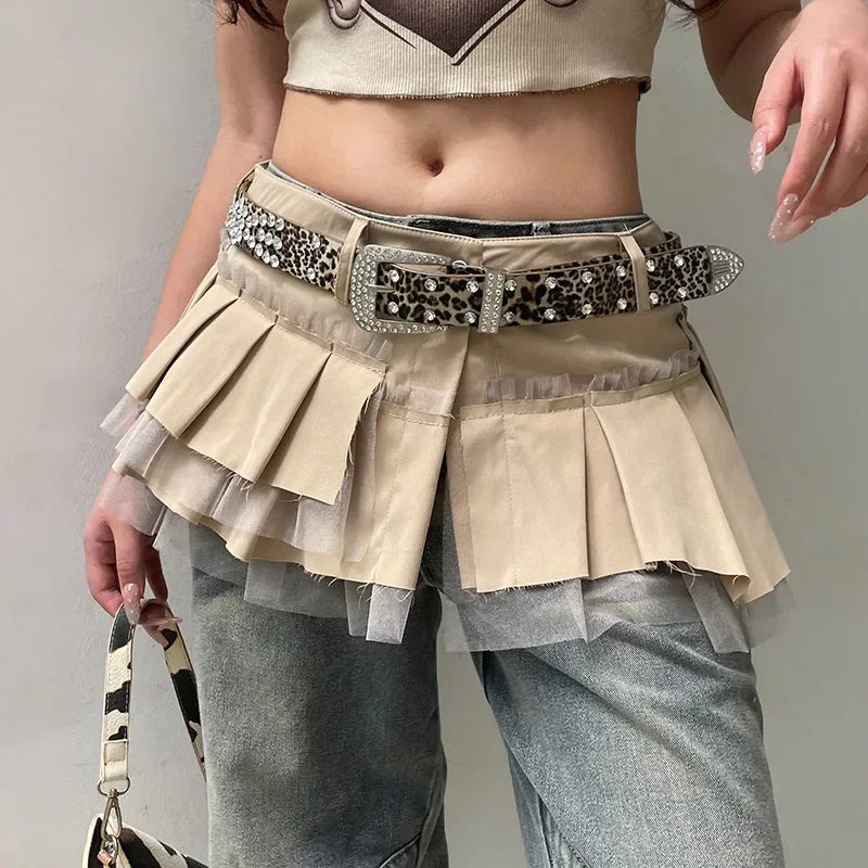 Rhinestone Belts Sexy Y2K Irregular Layered Mesh Cargo Skirts for Womens Summer Fashion High Waist Micro Mini Skirt Female