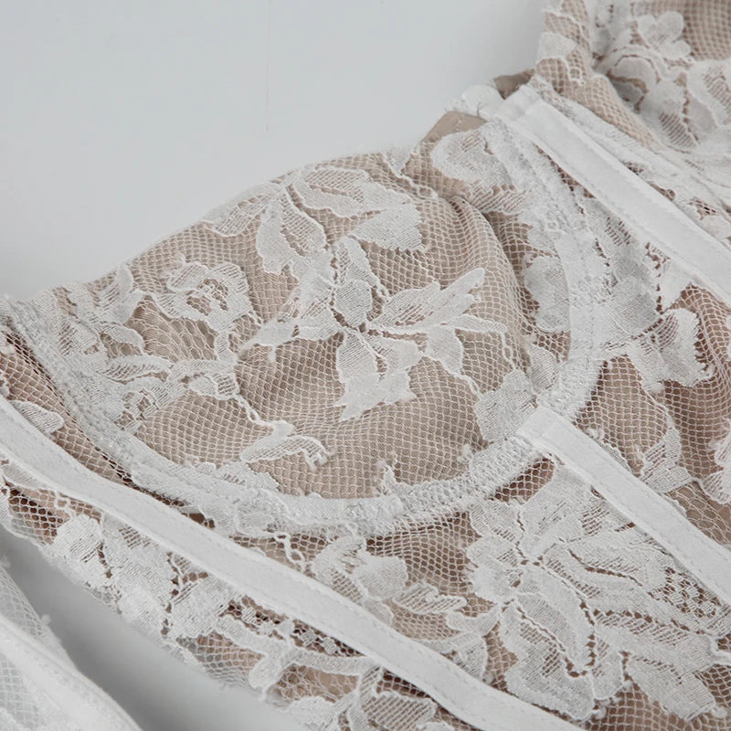 Elegant Fairy White Corset A-line Dress See Through Lace Square Collar Sexy Long Sleeve Short Dresses Aesthetic Sweet