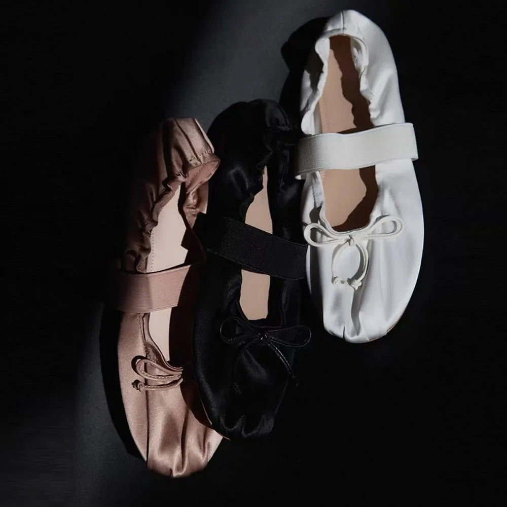 Women's Satin Ballet Flats Elegant Bow Mary Jane Shoes Elastic Strap Soft Sole Round Toe Daily Commute Ladies Flat Dress Shoes