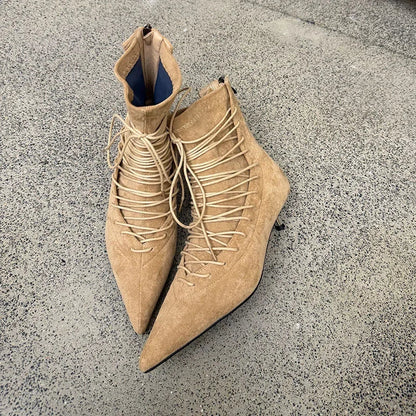 Fashion Pointed Toe Lace Up Ankle Boots Women High Quality Faux Suede Kitten Heel Designer Boot Comfort Back Zipper Modern Boots