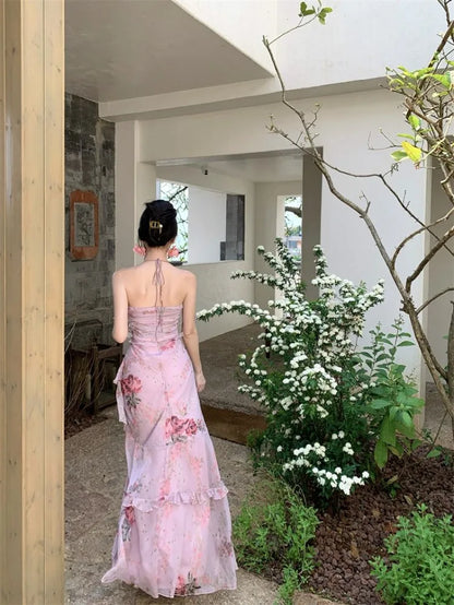 Woman Dress Sexy Elegant Sleeveless Floral Printed Spring Fashion Irregular Ruffles Holiday Hollow Out Backless Dresses