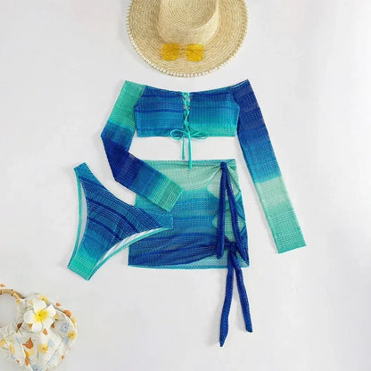 Blue Long Sleeve Swimsuit 3 Piece Bikinis Sets Women Front Lace-up Swimwear with Cover Up Mini Skirts Beach Wear Bathing Suit