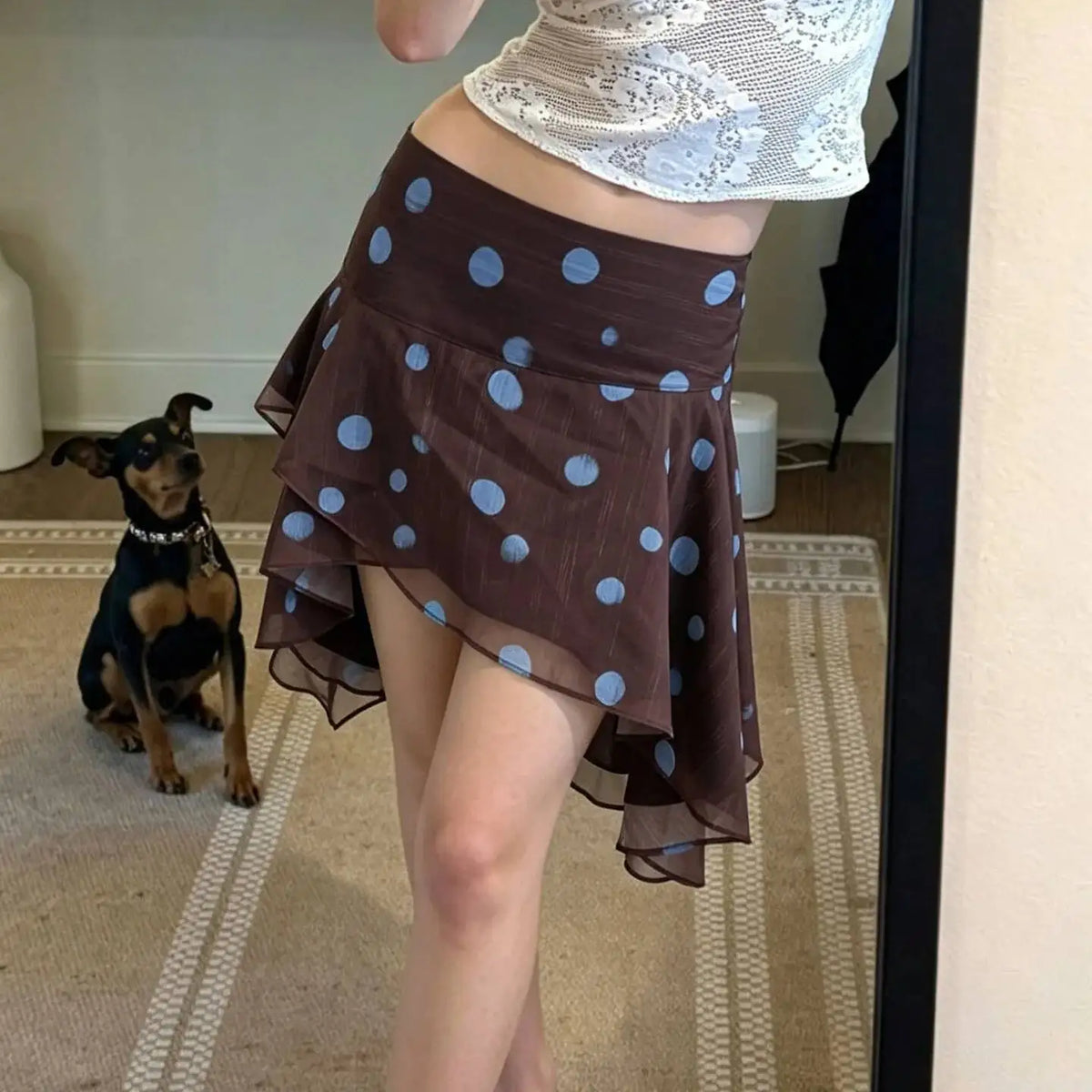 Asymmetrical Polka Dot Chiffon Mini Skirt Low-waist Irregular Pleated Short Skirt Fashion Elegant Beachwear Summer Outfit