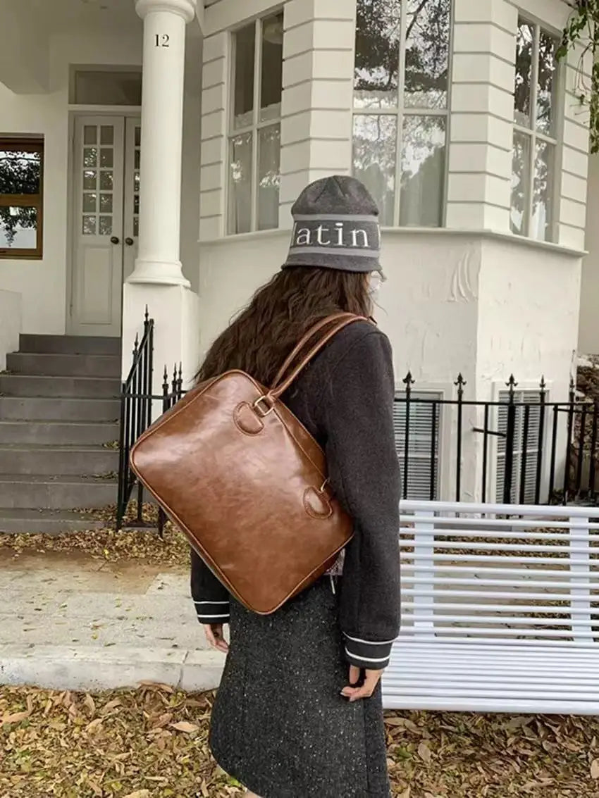 Japanese Retro Brown Tote Bag Women Ladies Waxed Leather Large Capacity Handbag Ladies Preppy Style Commuter Simple Shoulder Bag