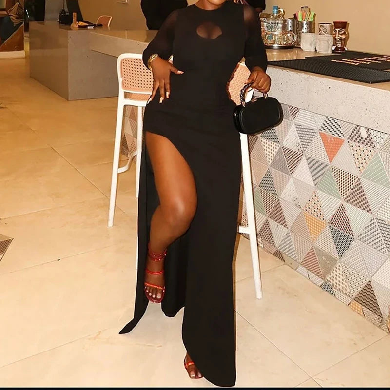 Elegant High Split Slim Wrap Hips Dress Lady See-through Sleeve Solid Evening Dresses Sexy Mesh O-neck Hollow Out Bodycon Dress