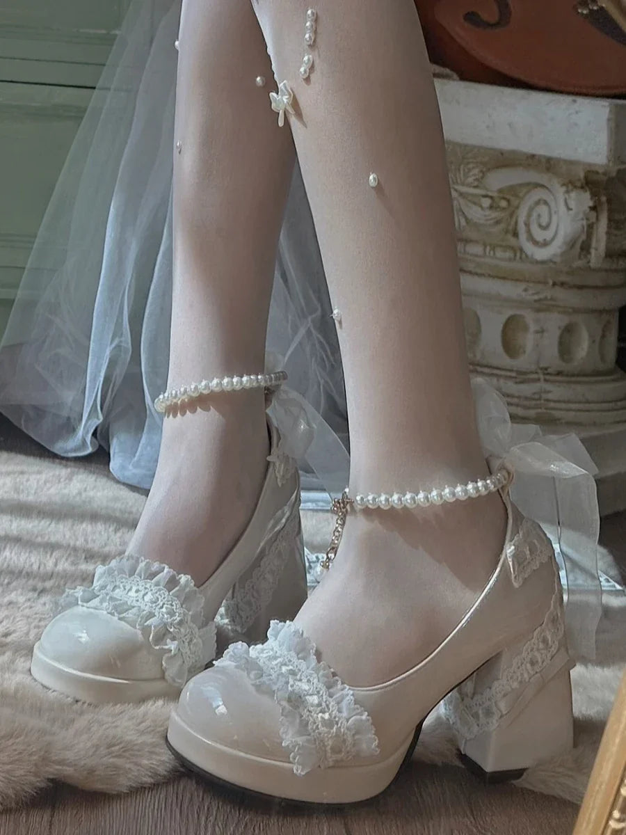 Original French Lace Pearl Lolita Shoes Autumn Fairy Round Head Thick Heels Japanese Girls' Tea Party Single Shoes