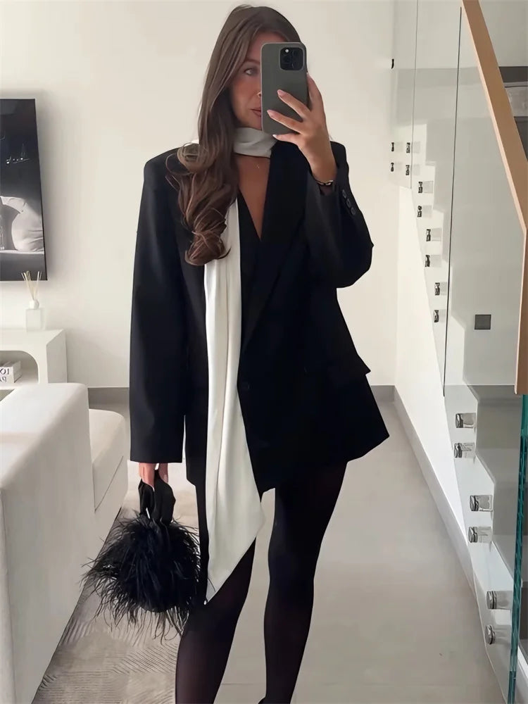 Fashion Scarf Blazers jacket Female Elegant Long Sleeve Patchwork Commute Pocket Outwear Women's Contrast Suit jacket 2026