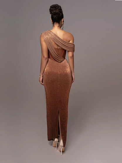 One Shoulder Draped Glitter Corset Maxi Gown
